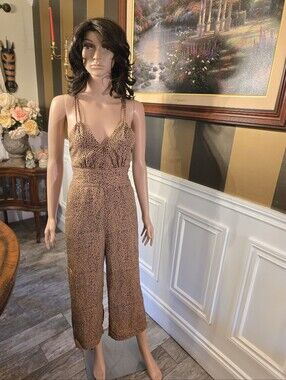 Kittenish Tan Spotted Spaghetti-Strap Wide-Leg Jumpsuit